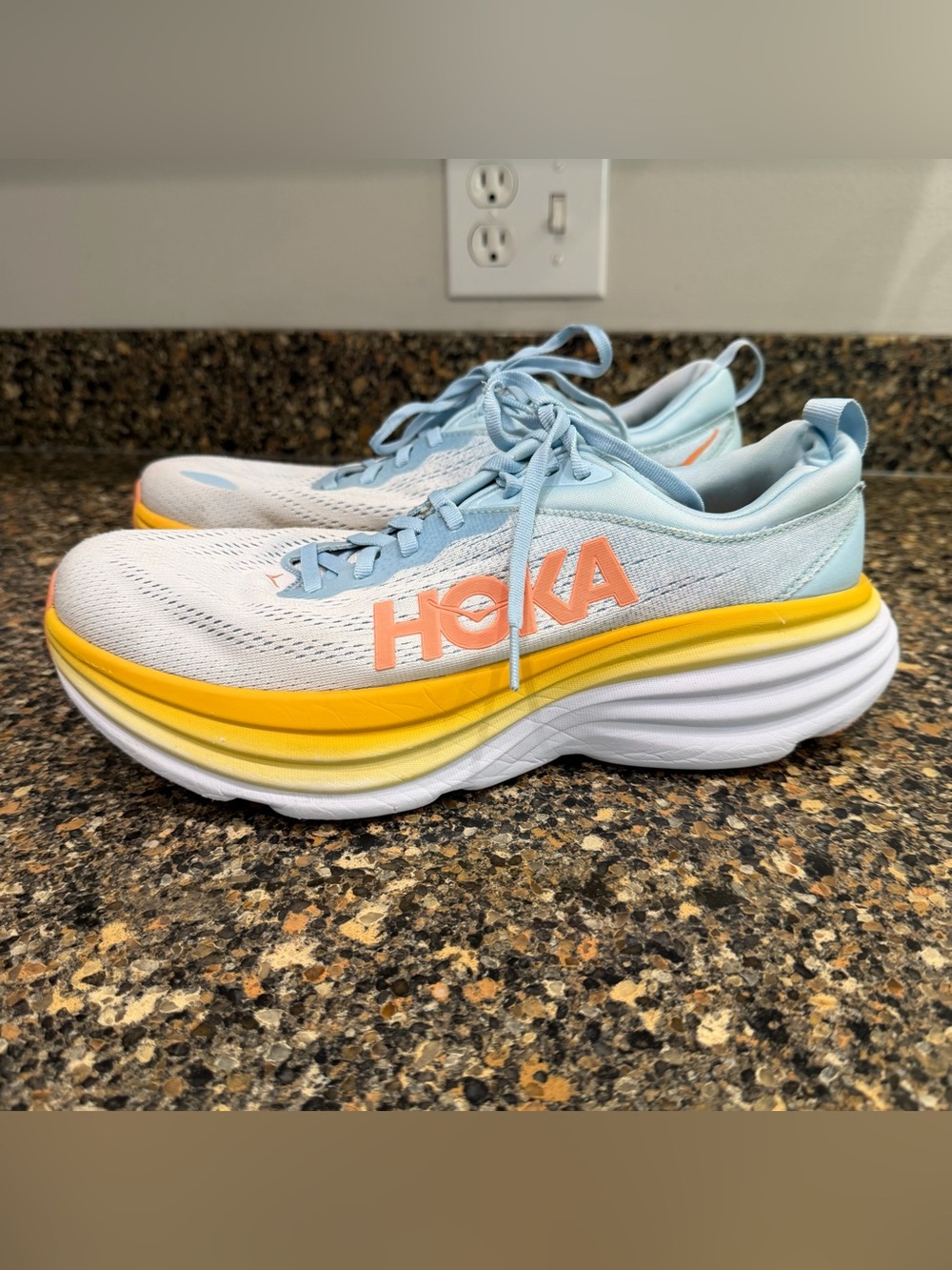 Hoka Women's White Mesh Running Shoes with Light Blue & Yellow 10